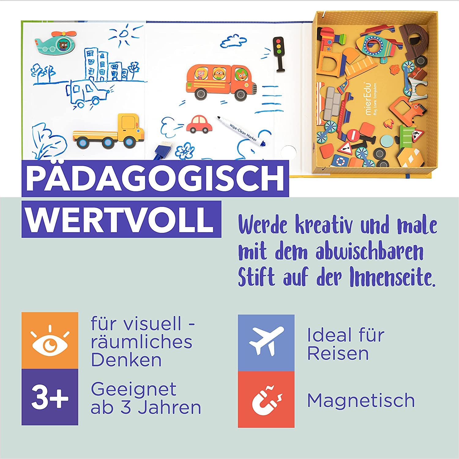 Magnetic Art Vehicles Mieredu | Estuche Magnético 57 Piezas Vehículos