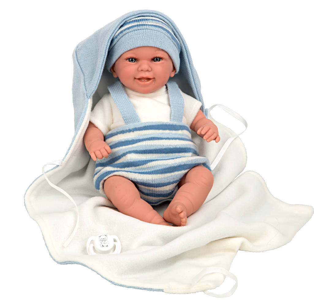 Vista completa de la muñeca con peso Babyto Arias con su conjunto de punto azul y blanco sobre fondo neutro.