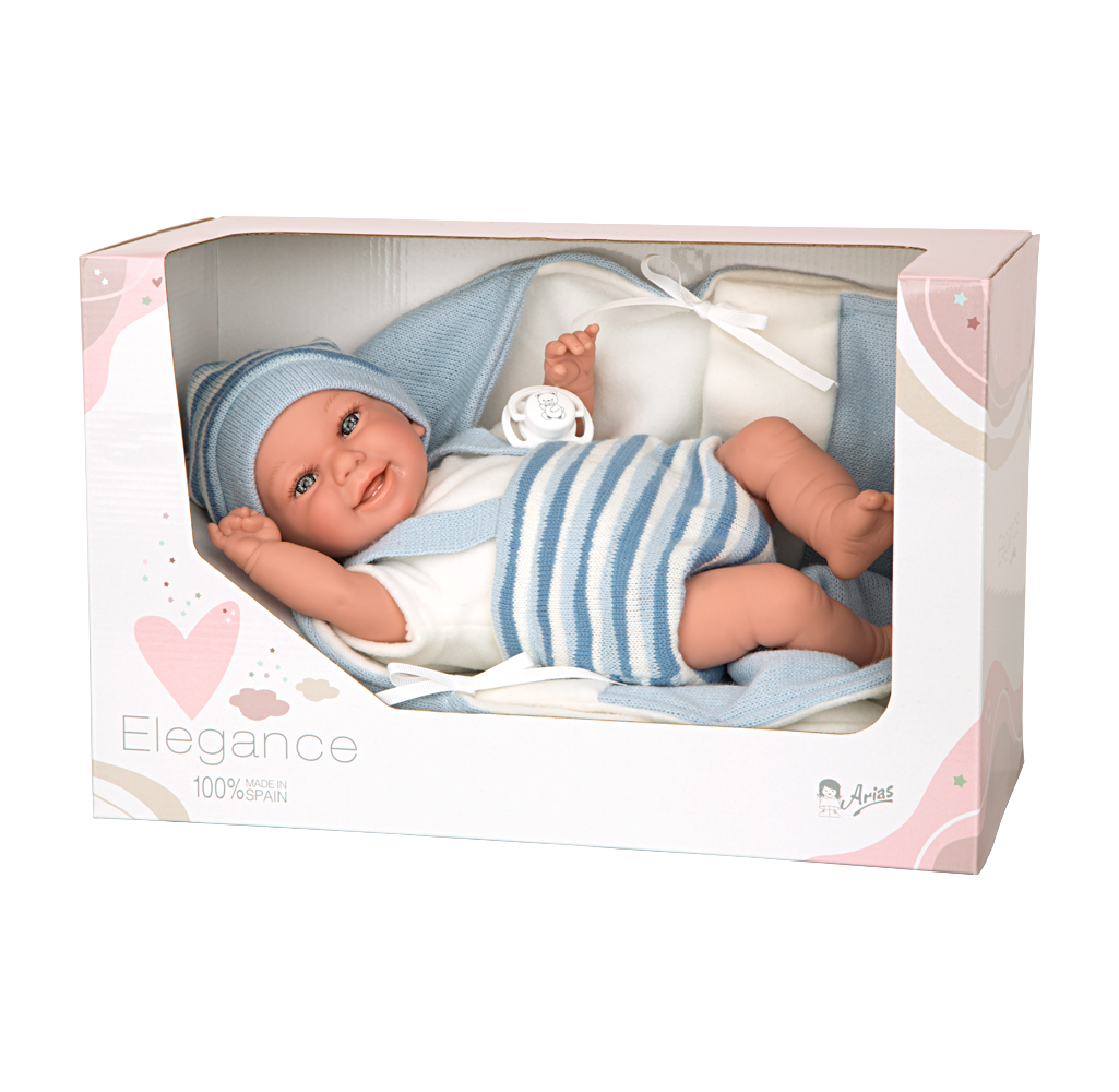 Muñeca con peso Babyto Elegance azul a rayas presentada en su caja original acolchada lista para regalo infantil.
