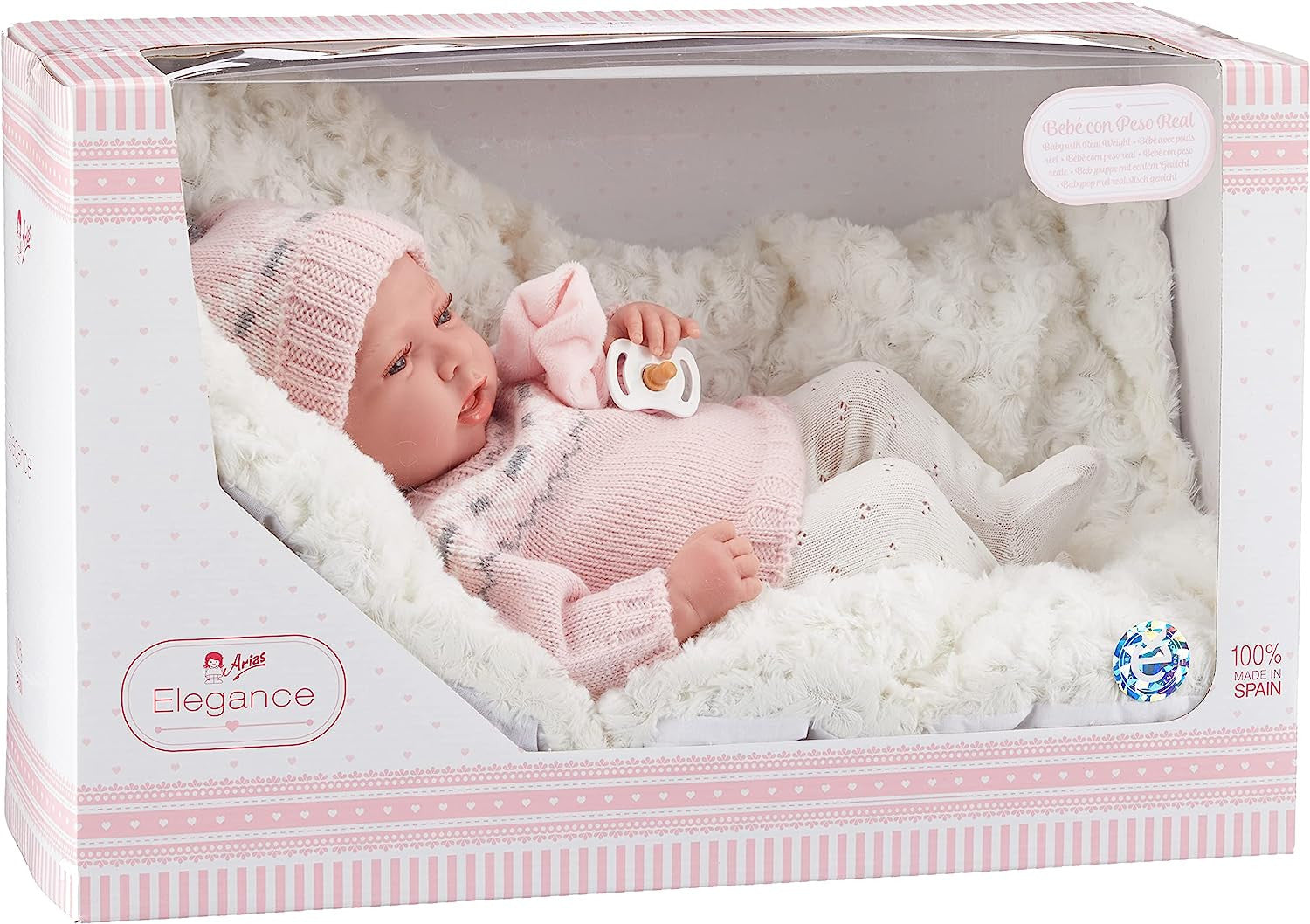 Lateral de la caja de la muñeca Elegance Dafne Arias 60592 con informacion de peso real y materiales