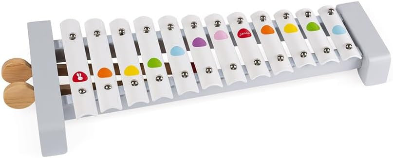 Detalle de las 12 notas de colores del xilófono Janod Confeti para niños de 2 a 5 años