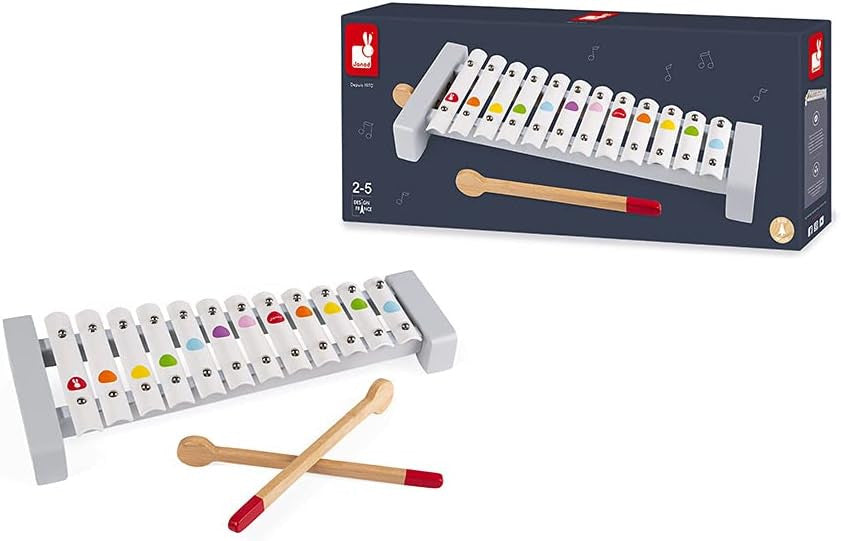 Parte trasera del xilófono infantil Janod Confeti J07604, fabricado en madera y metal