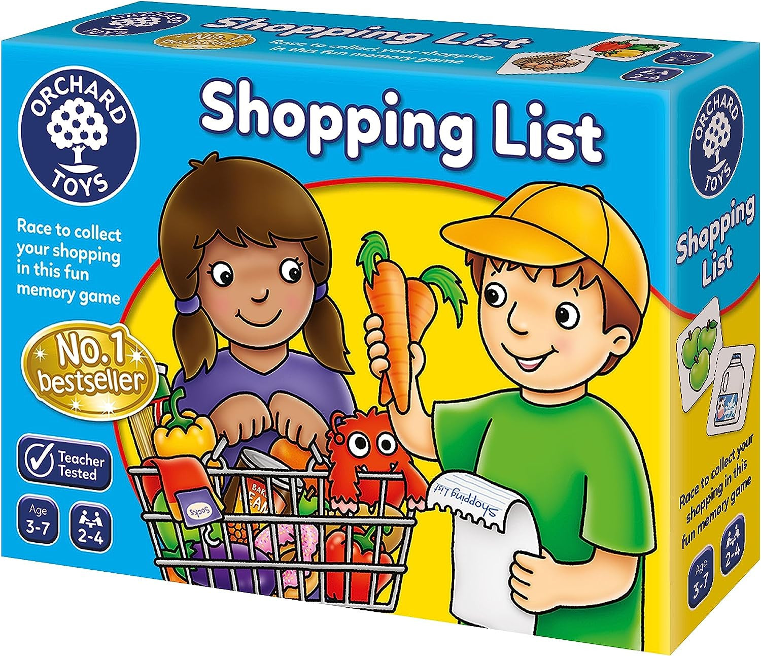 Contenido completo del juego de memoria en inglés Lista de la Compra Orchard Toys: tarjetas, tablero y fichas