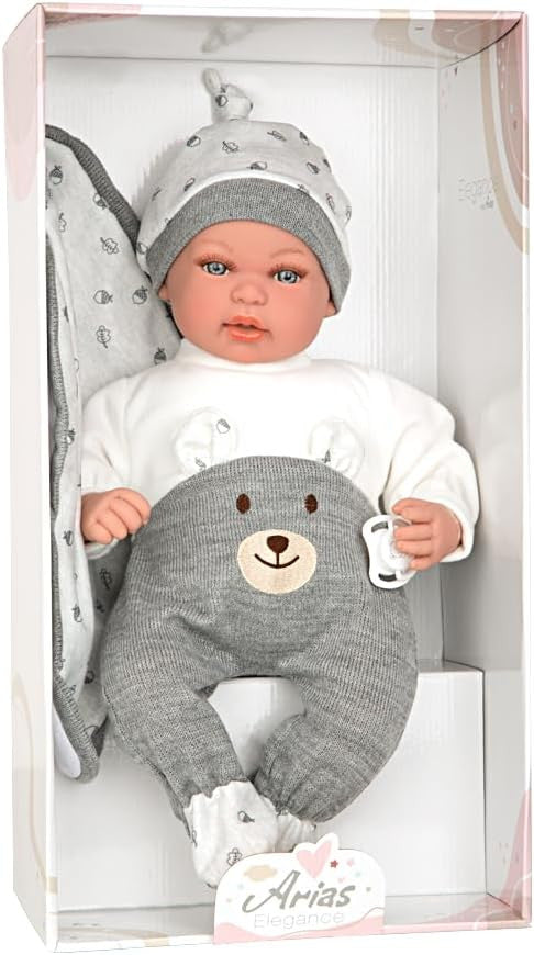 Muñeca elegance Mies gris con manta y mecanismo de risa - Muñecas Arias 65352