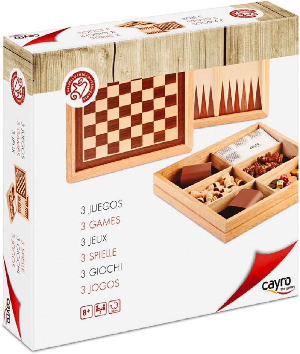 Juego de mesa 3 en 1 Damas - Ajedrez y Backgammon Marquetería - Caryro 603