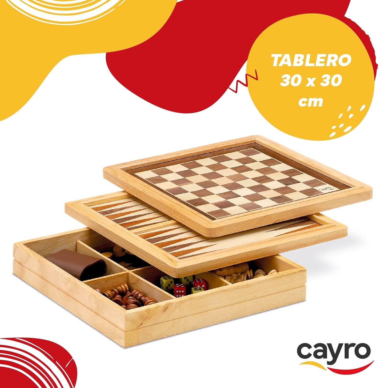 Juego de mesa 3 en 1 Damas - Ajedrez y Backgammon Marquetería - Caryro 603