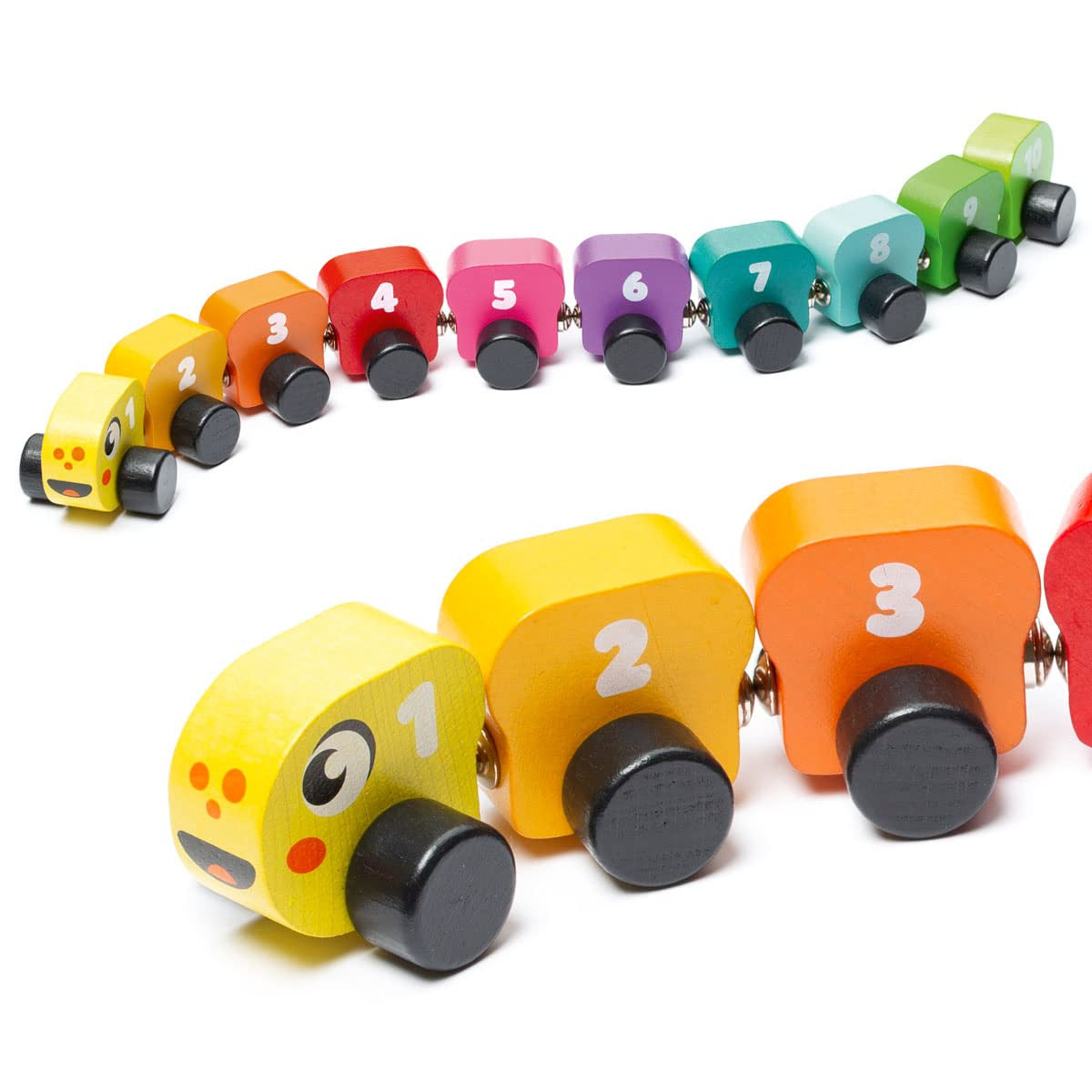 Juego de Madera Rainbow Caterpillar - Vagones de tren unidos con imán - Cubika 15399