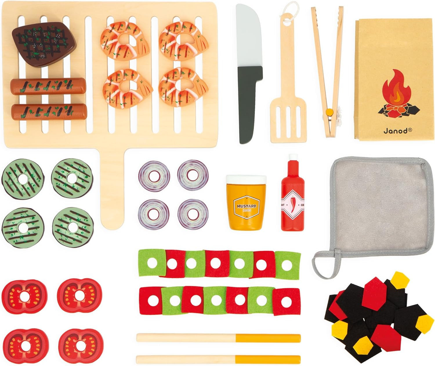 Juego de Imitación Barbacoa de Madera con 57 accesorios - Parrilla de Madera - Janod 06619