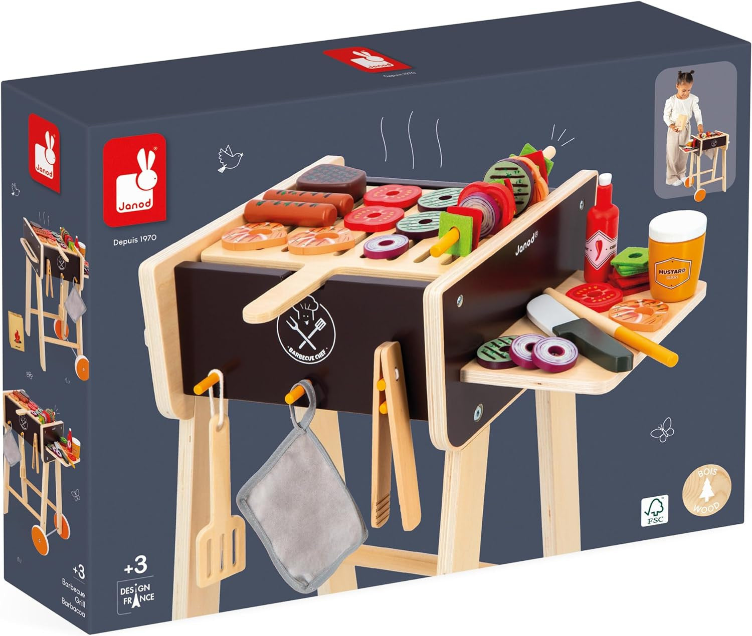 Juego de Imitación Barbacoa de Madera con 36 accesorios - Parrilla de Madera - Janod 06619