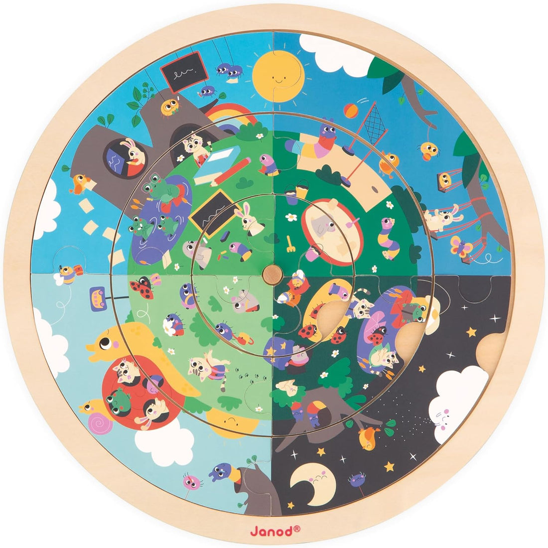 Puzle de madera reversible Janod para aprender las estaciones y las horas del día - Educar Jugando- El Jardín - J05090