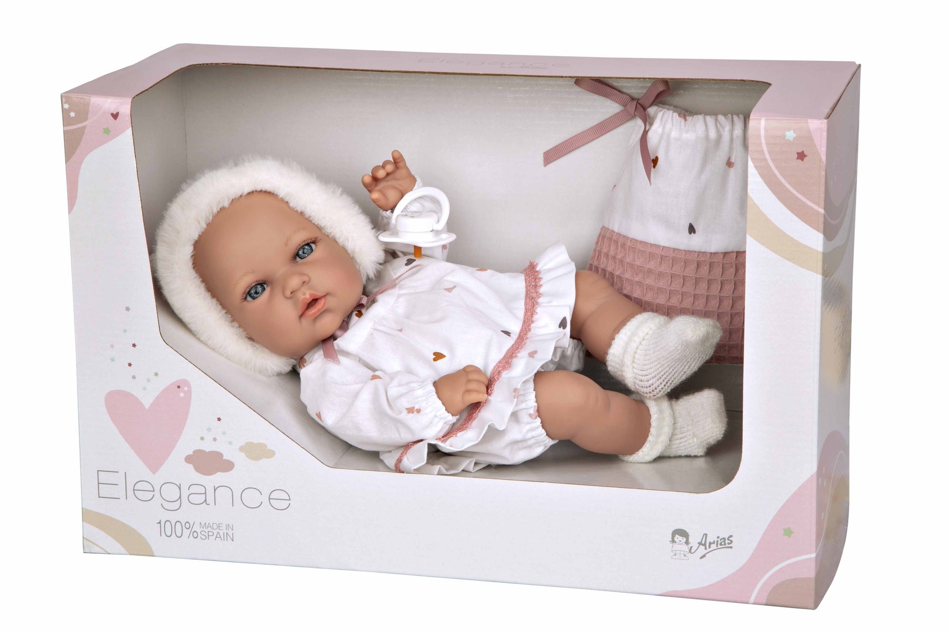Muñeca Natal Blanco presentada en su empaque original expositor de Arias, garantizando un desarrollo real sin pantalla.