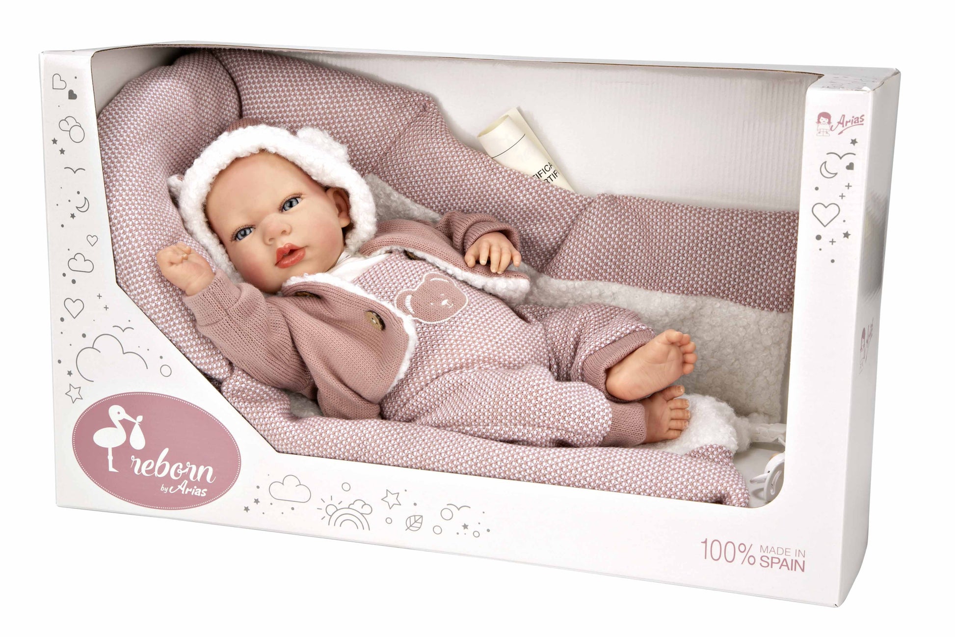 Muñeca Reborn Gadea Rosa presentada con todos sus accesorios en la caja oficial expositora de Arias, un diseño donde cada juguete tiene un proposito.