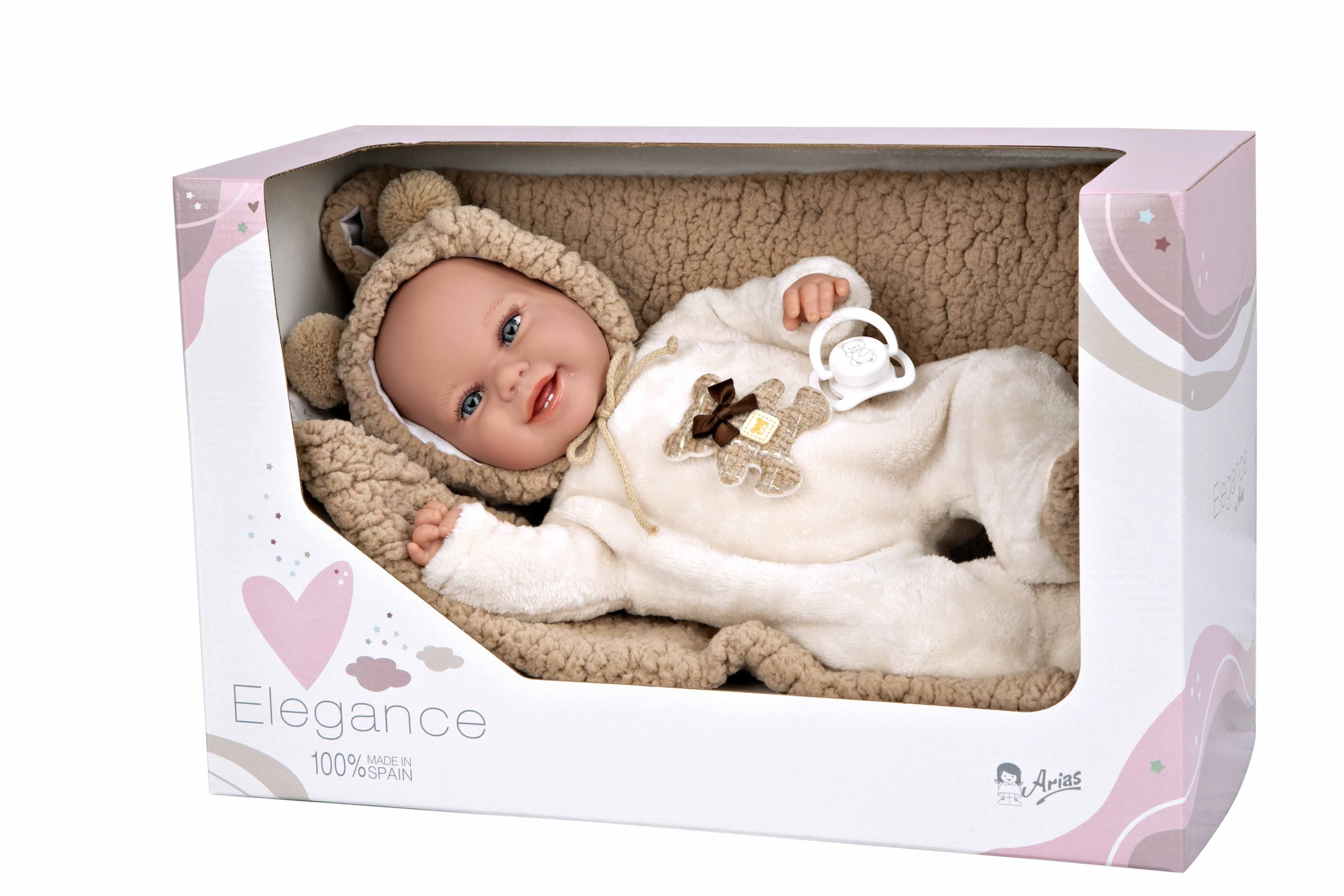 Muñeca Elegance 35 cm Babyto Marron con Manta - Muñeco de Peso - Arias 60828