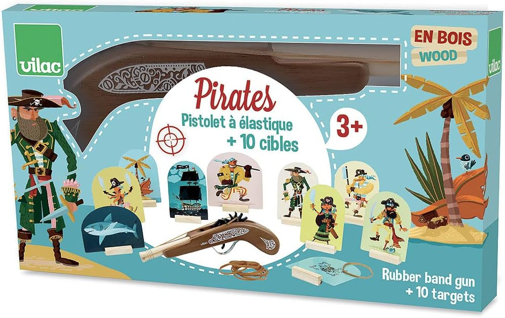 Pistola de Madera Piratas con Gomas elásticas y Dianas - Vilac 9905