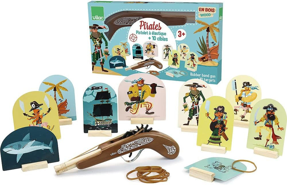 Pistola de Madera Piratas con Gomas elásticas y Dianas - Vilac 9905