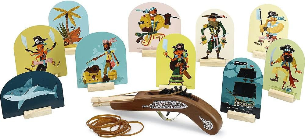 Pistola de Madera Piratas con Gomas elásticas y Dianas - Vilac 9905