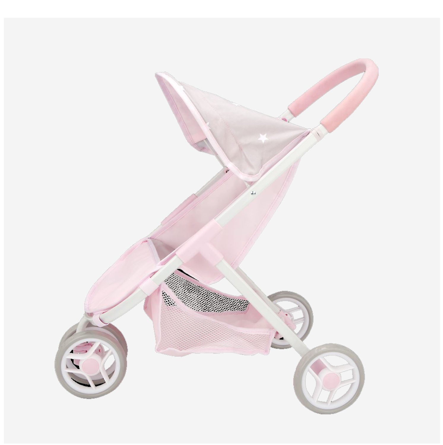 Vista lateral silla de paseo con capota Emma Arias, asiento rosa con estrellas blancas y cesta inferior
