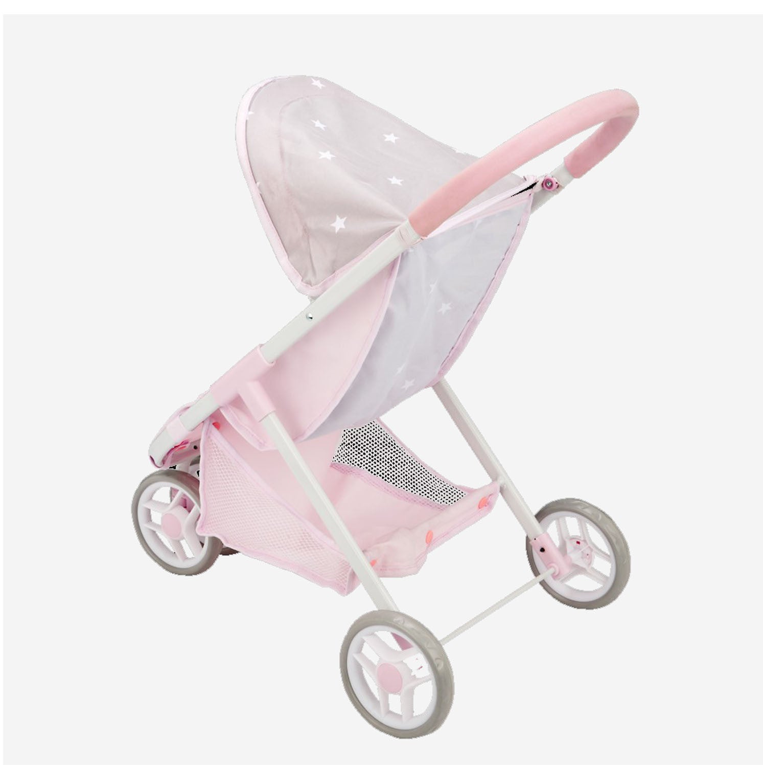 Vista lateral derecha silla de paseo con capota Emma Arias 40623 en rosa con estrellas blancas y ruedas grises