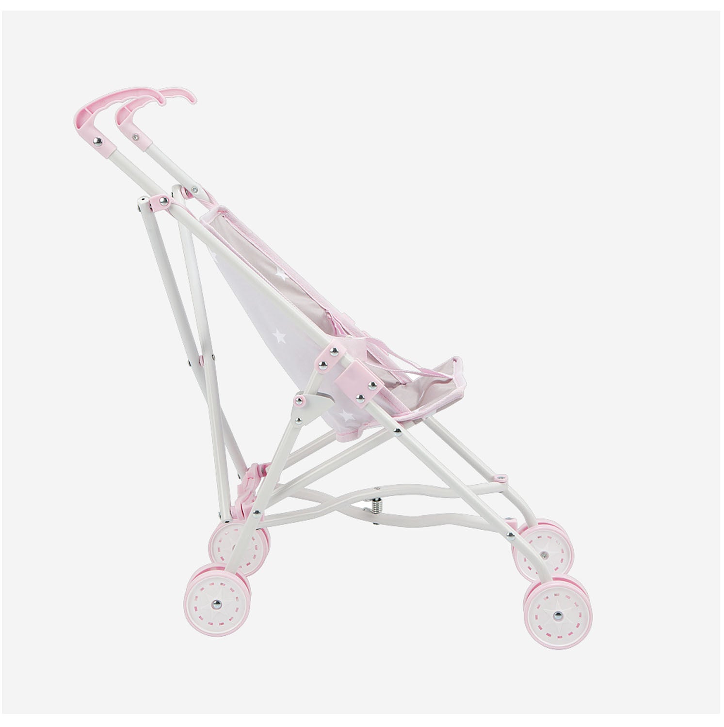 Vista lateral silla de paseo Emma Arias 40624 con asiento gris estrellas y manillar rosa