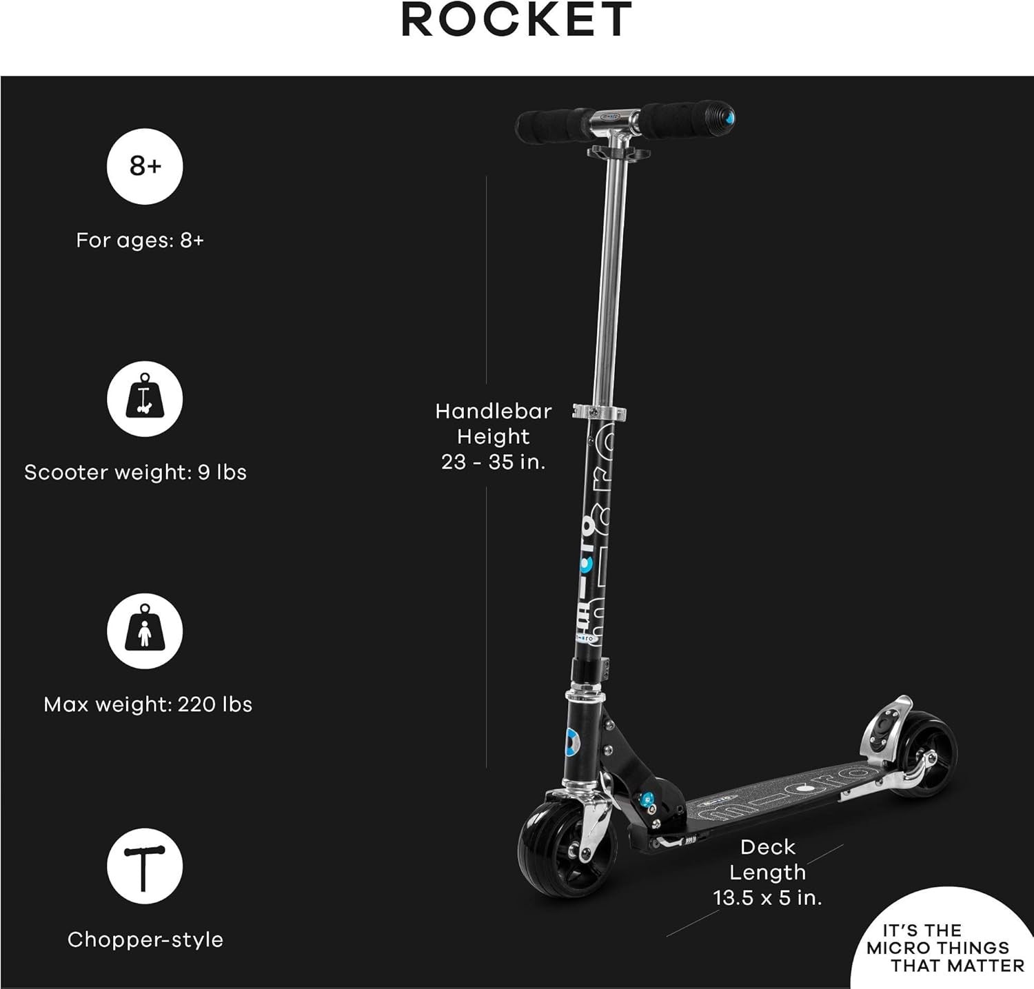 Patinete Micro Rocket Negro - 2 ruedas extra anchas - Plegable - Micro