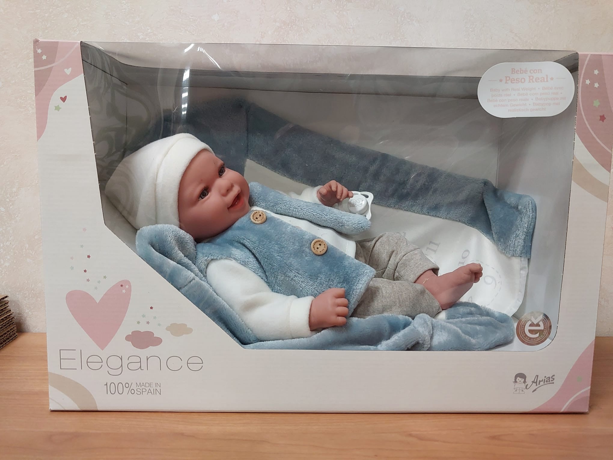 Muñeco elegance 40 cm colin azul con manta - muñeco de peso - arias 60810