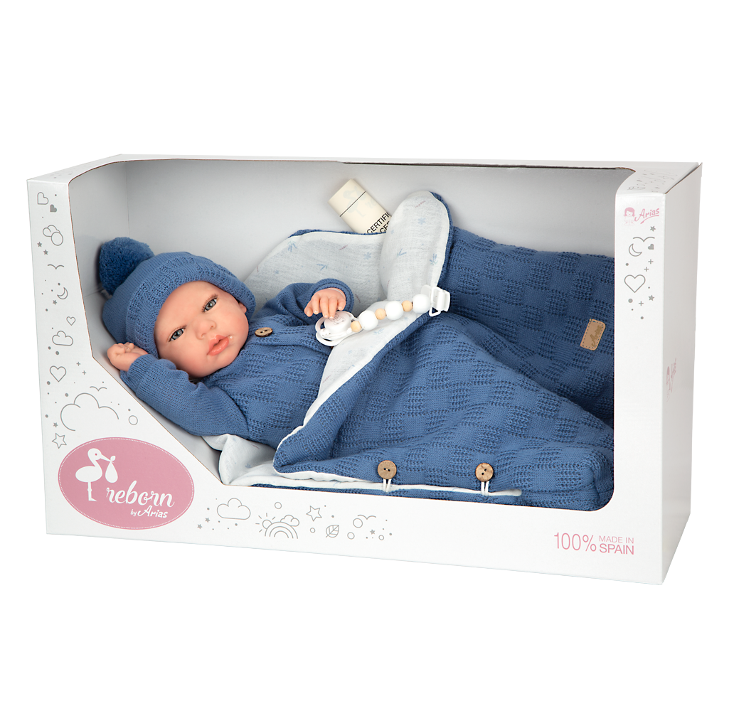 Muñeca Bebe Reborn Arias 40 cm - Alberto azul con Saco de Dormir - Arias 98181