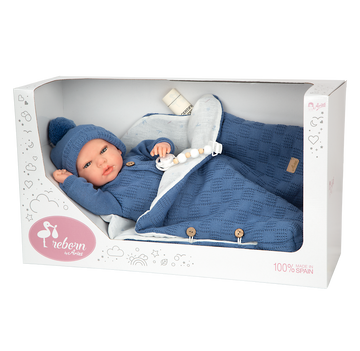 Caja del Bebé Reborn Alberto 40 cm de Muñecas Arias referencia 98181 con saco de dormir azul