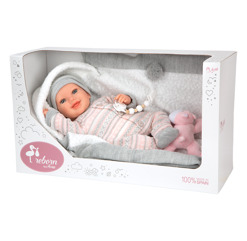 Muñeca Bebe Reborn 40 cm - Nadia Rosa con Mante y Peluche - Arias 98184