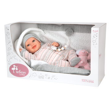 Muñeca Bebe Reborn 40 cm - Nadia Rosa con Mante y Peluche - Arias 98184