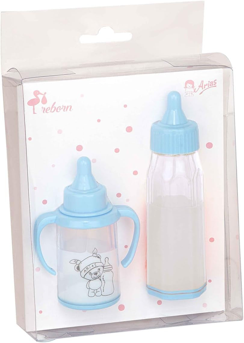 Accesorio muñecas - set de 2 biberones reborn en azul - arias 6093
