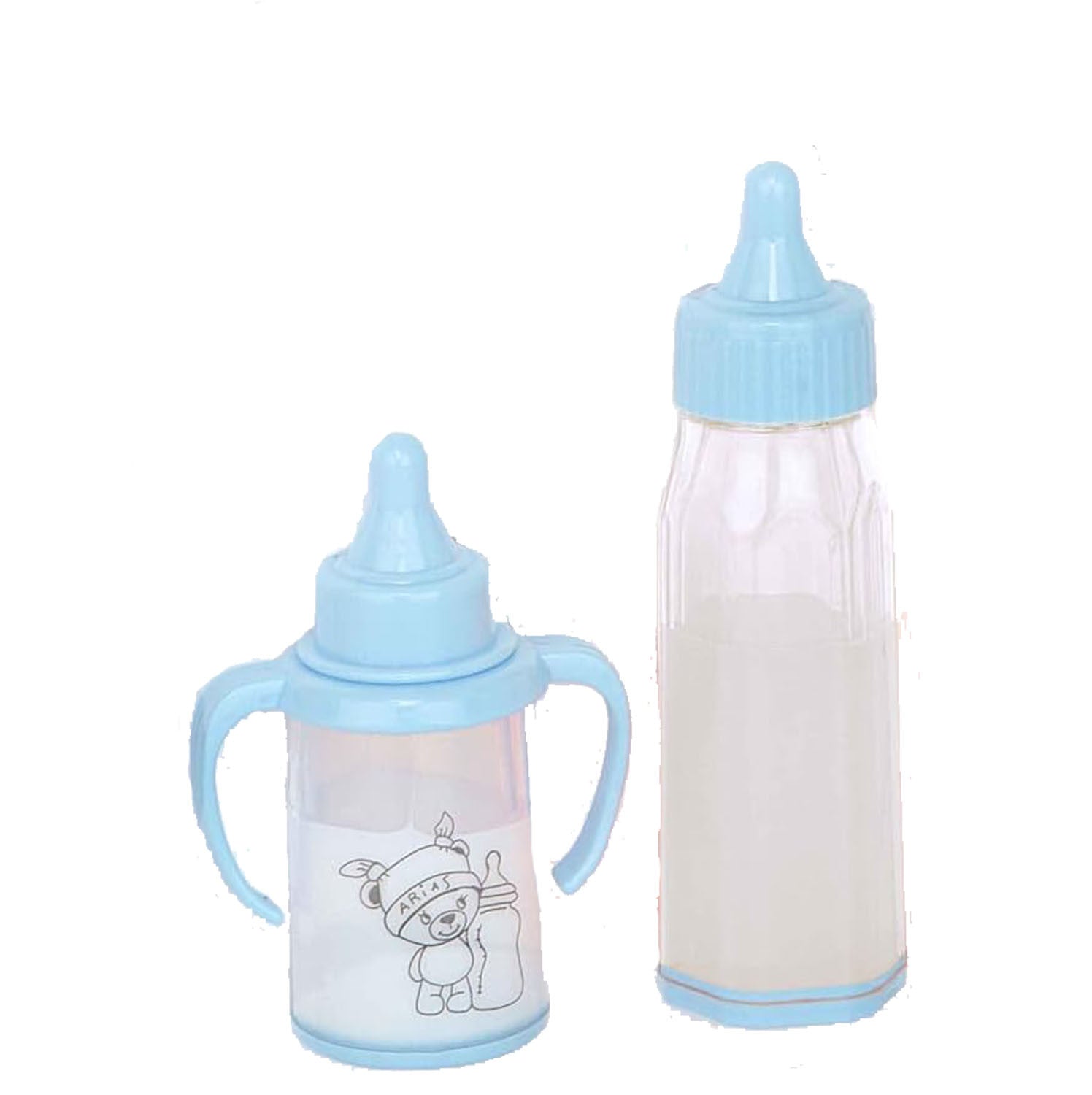 Accesorio muñecas - set de 2 biberones reborn en azul - arias 6093