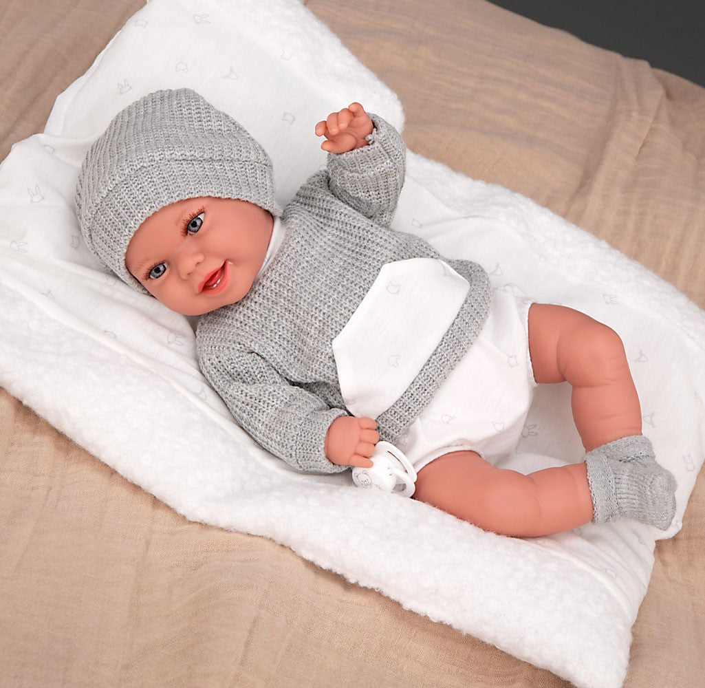 Muñeco Babyto Elegance de 35 cm con peso realista, chupete y cojín en tonos gris - Educar Jugando - Arias 60875