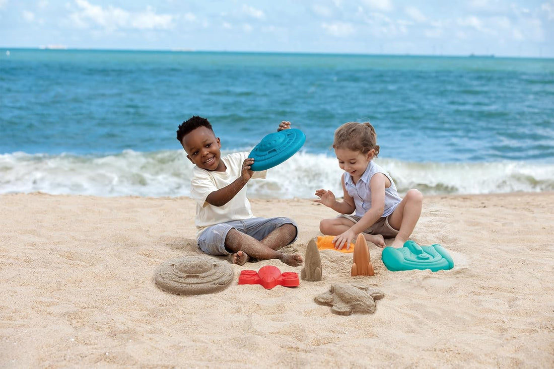 Mochila de playa Hape con moldes de naves espaciales y cohetes para juego sensorial y motricidad - Educar Jugando - E4100 - set completo
