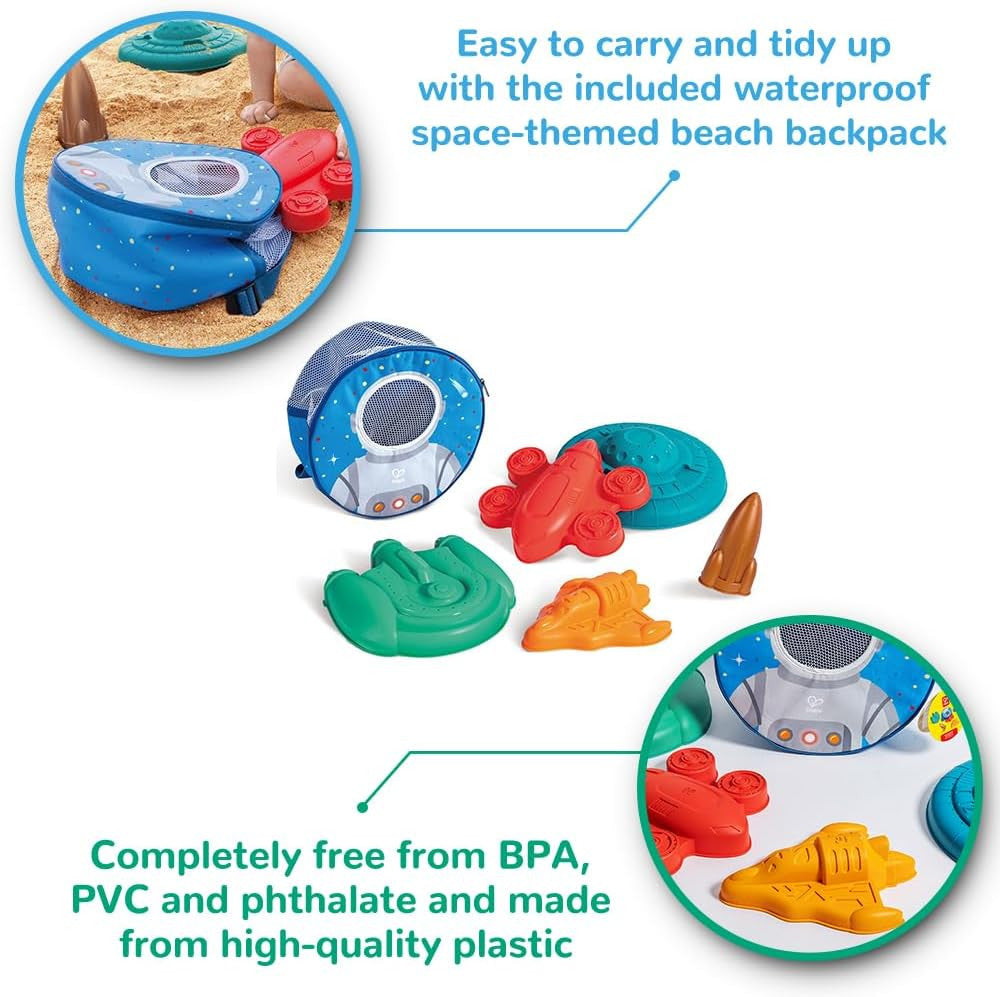 Los 5 moldes espaciales del set Hape E4100 – OVNI azul, nave verde, nave roja, nave naranja y cohete dorado con agujeros de drenaje
