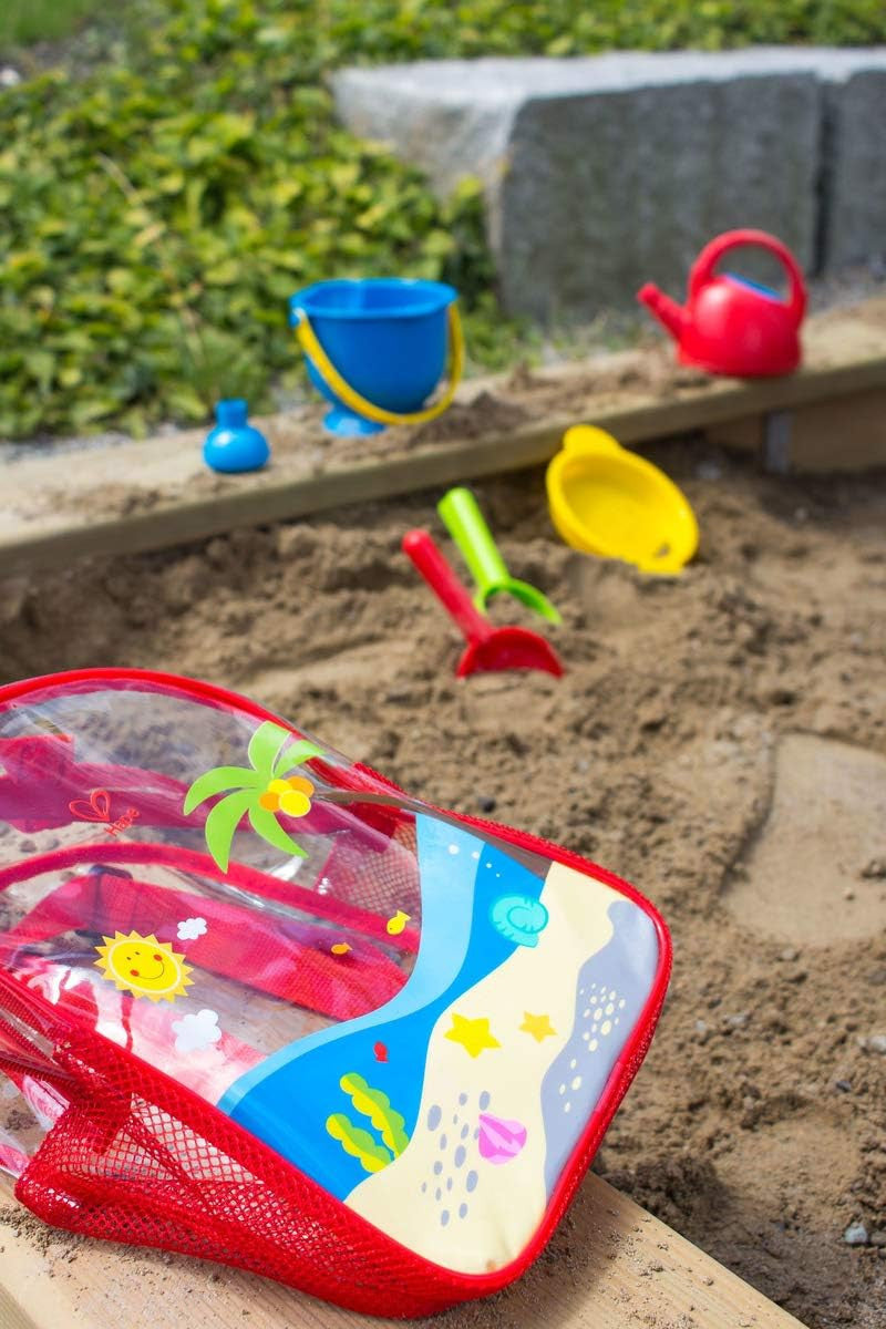 Mochila de playa Hape con cubo, regadera y accesorios para juego sensorial y aire libre - Educar Jugando -E8178 - set completo