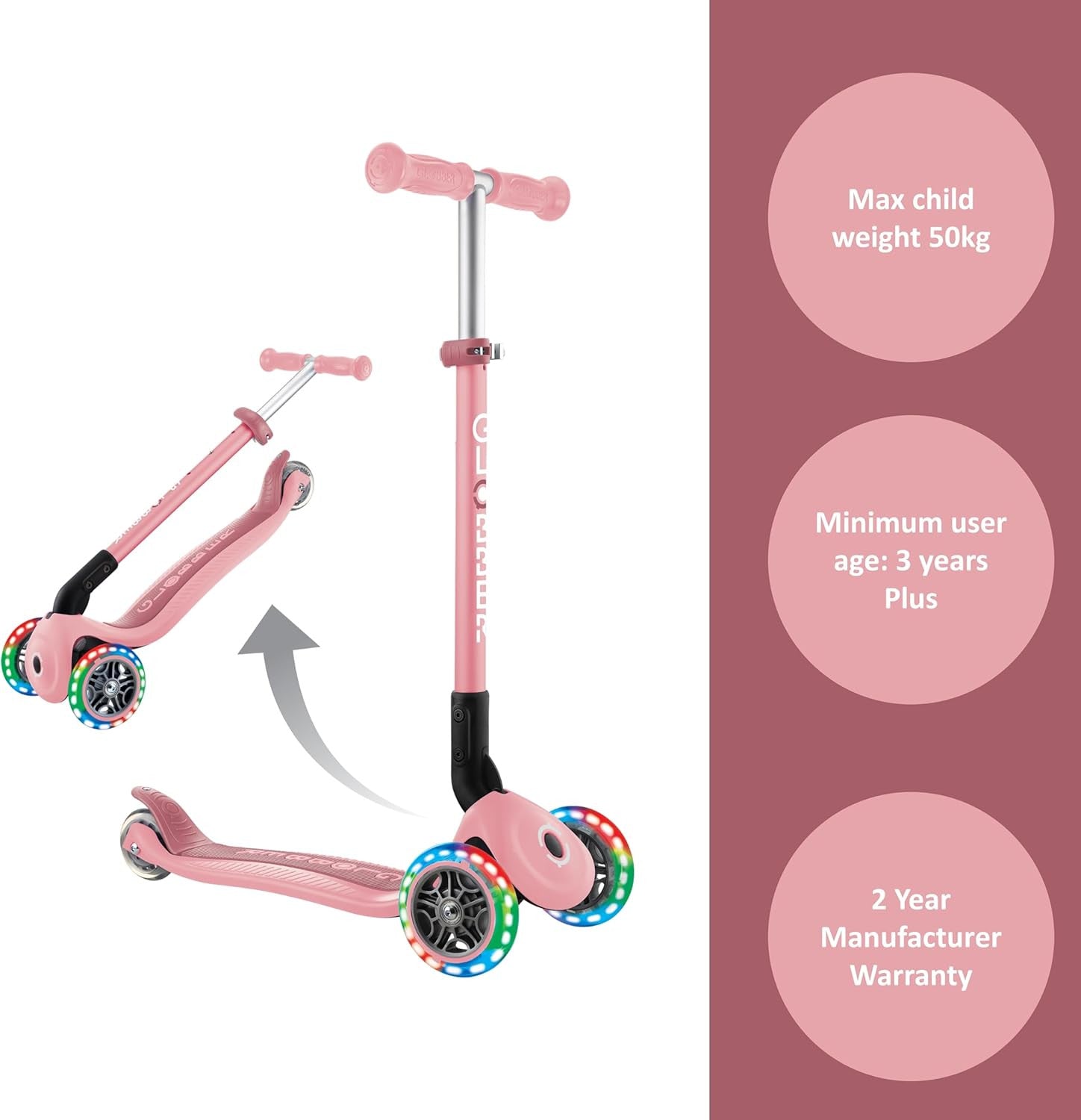 Patinete para Niños - Primo Luces Plegable color Rosa - Globber