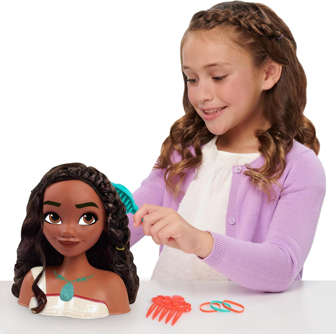 Cabeza de peinado Princesa Moana Disney con accesorios para practicar trenzas y motricidad fina - Educar Jugando