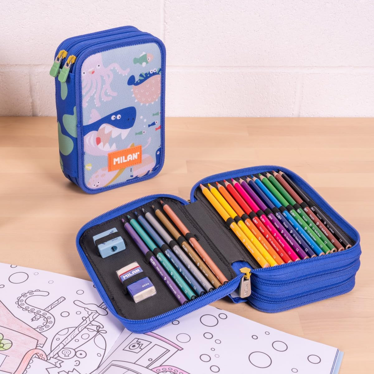 Estuche 2 Pisos con Contenido color Azul - Plumier Milán - Milán