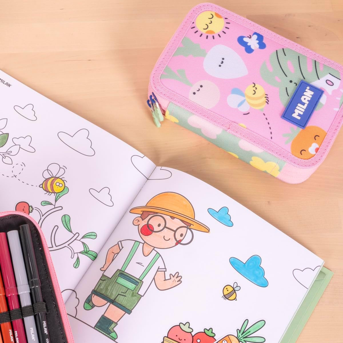 Estuche 2 Pisos con Contenido color Rosa - Plumier Milán - Serie Especial Green & Grow - Milán