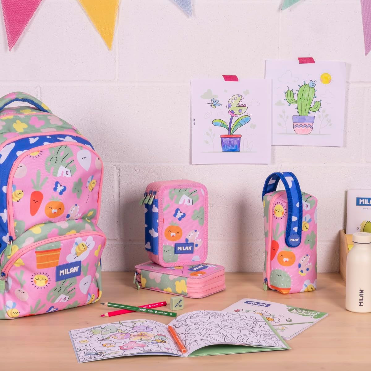 Estuche 2 Pisos con Contenido color Rosa - Plumier Milán - Serie Especial Green & Grow - Milán