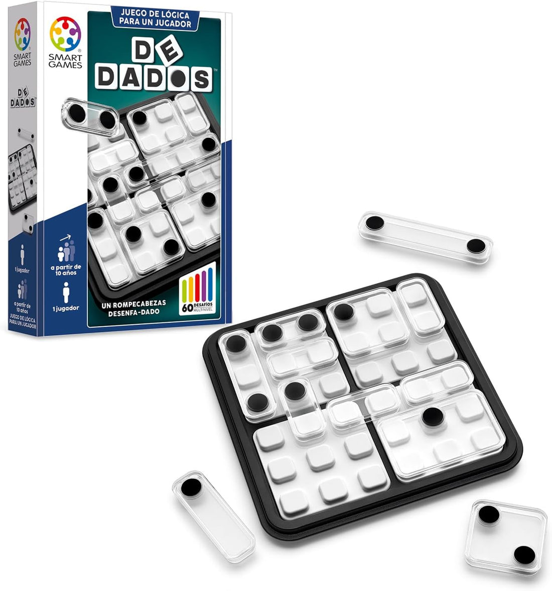 Juego de lógica De Dados Ludilo LUSG453ES con tablero, piezas y dados de colores sobre fondo blanco