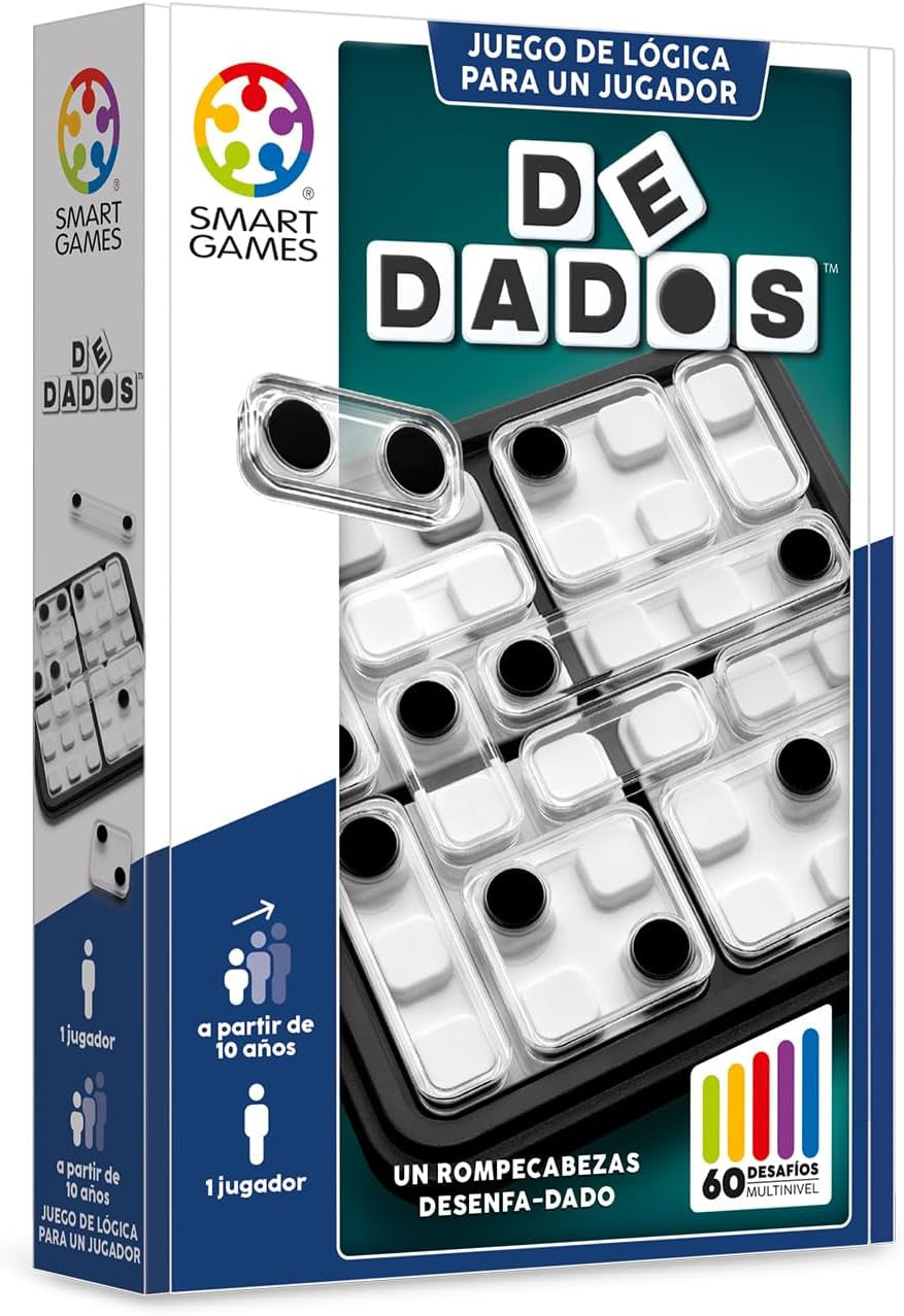 Juego de lógica De Dados Ludilo LUSG453ES con tablero, piezas y dados de colores sobre fondo blanco