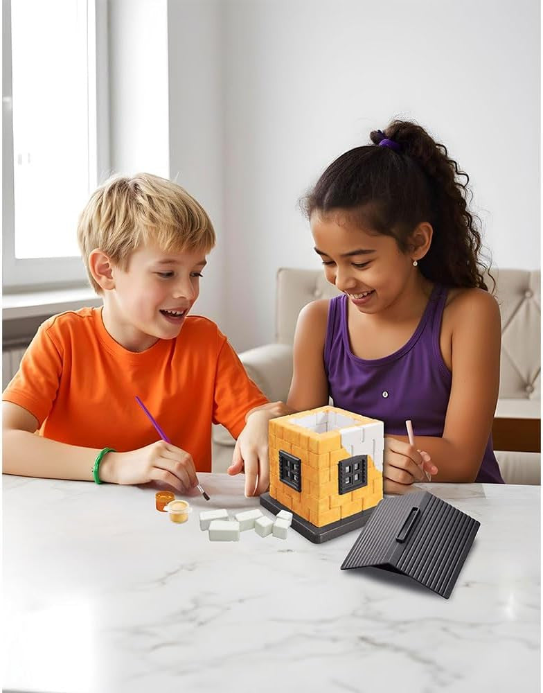 "Niños construyendo una casa en miniatura con el kit Mini Arquitecto de Ladrillos 4M - juego STEM de construcción real"
