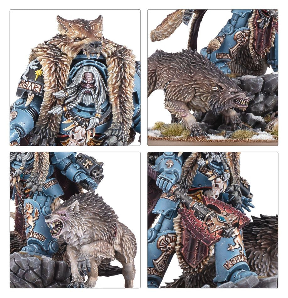 Logan Grimnar Lobos Espaciales Warhammer 40K - Vista lateral miniatura con lobos de trueno