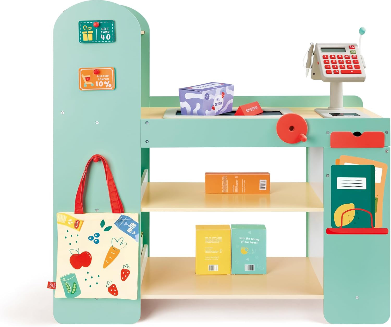 Niño jugando con el supermercado de madera Hape E3233 – juego simbólico educativo +3 años