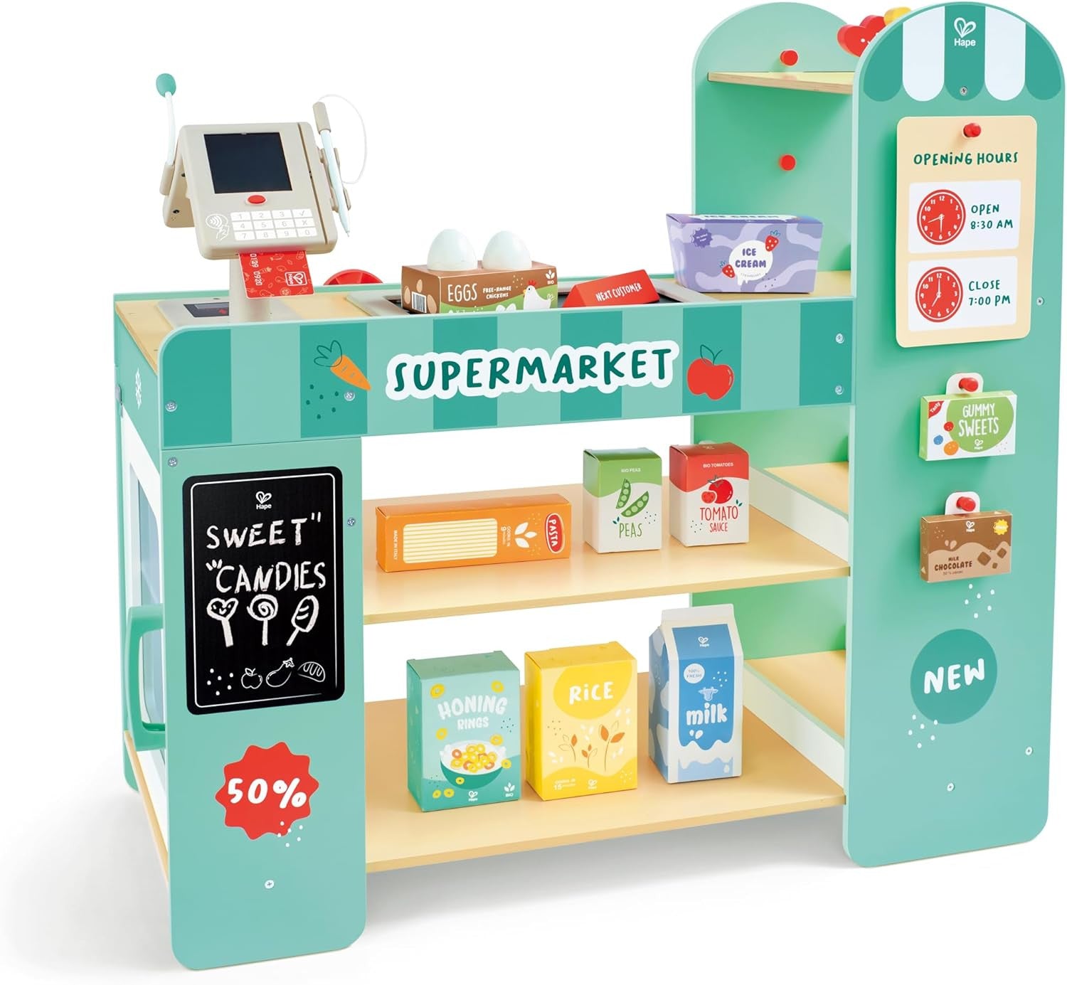 Hape E3233 Supermercado Infantil de Madera – vista frontal completa con escáner y cinta transportadora