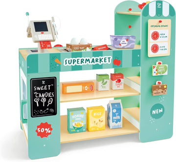 Hape E3233 Supermercado Infantil de Madera – vista frontal completa con escáner y cinta transportadora
