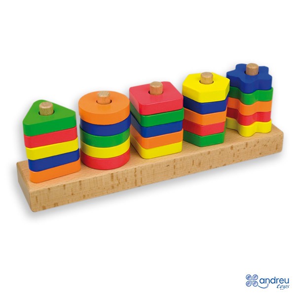 Set de geo formas ensartables de madera Andreu Toys 16293 con formas geometricas de colores y cordones