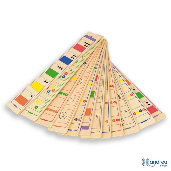 Caja del set geo formas ensartables madera Andreu Toys 16293 con todas las piezas geometricas y cordones incluidos
