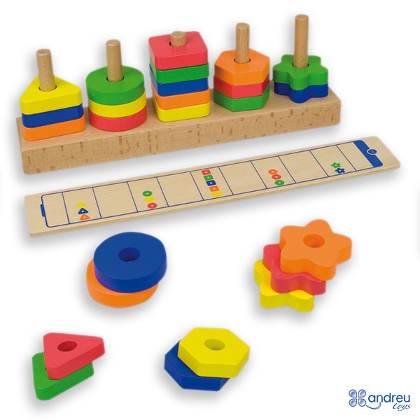 Vista superior del set ensartable Andreu Toys 16293 con formas geometricas de madera ordenadas por color y forma